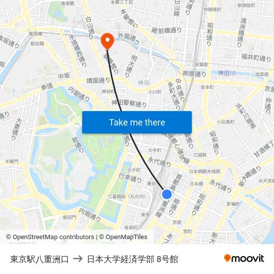東京駅八重洲口 to 日本大学経済学部 8号館 map