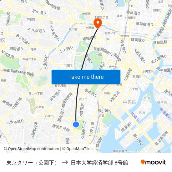 東京タワー（公園下） to 日本大学経済学部 8号館 map