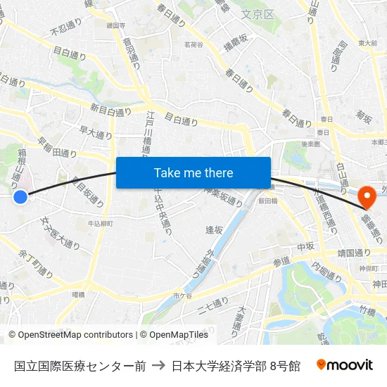 国立国際医療センター前 to 日本大学経済学部 8号館 map