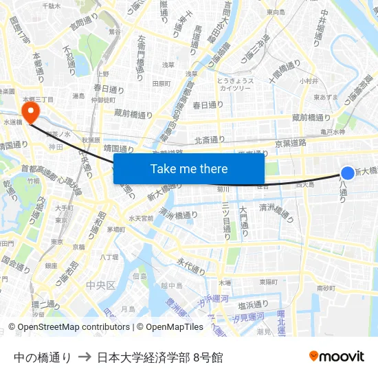 中の橋通り to 日本大学経済学部 8号館 map