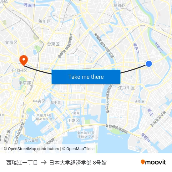 西瑞江一丁目 to 日本大学経済学部 8号館 map