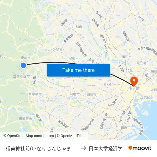 稲荷神社前(いなりじんじゃまえ（おうめし）) to 日本大学経済学部 8号館 map