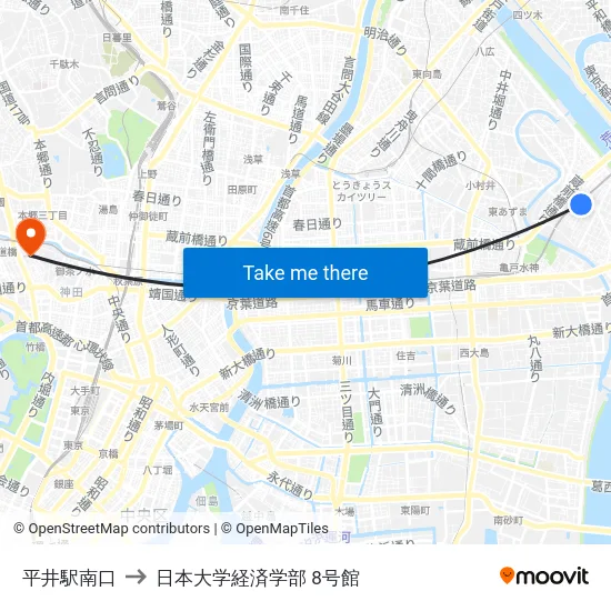 平井駅南口 to 日本大学経済学部 8号館 map