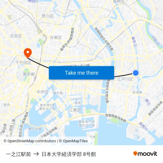 一之江駅前 to 日本大学経済学部 8号館 map