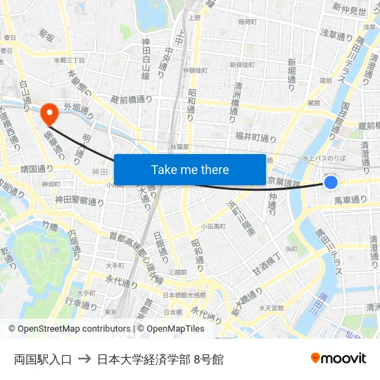 両国駅入口 to 日本大学経済学部 8号館 map