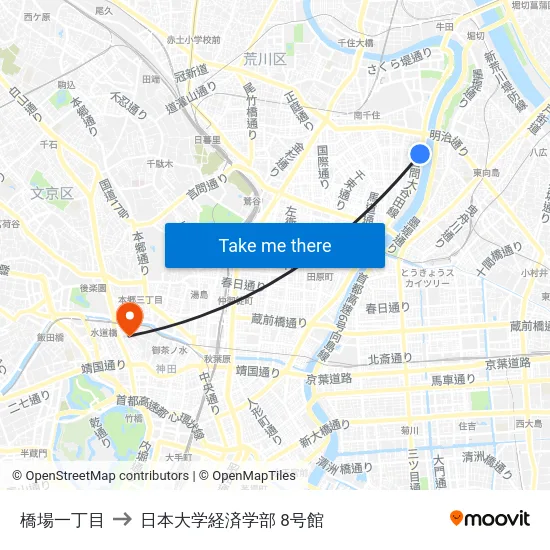 橋場一丁目 to 日本大学経済学部 8号館 map