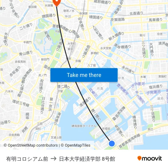 有明コロシアム前 to 日本大学経済学部 8号館 map