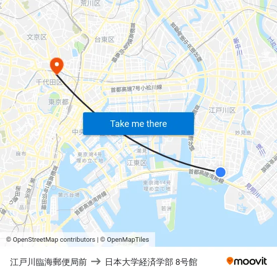 江戸川臨海郵便局前 to 日本大学経済学部 8号館 map