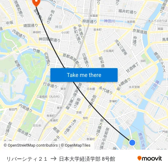 リバーシティ２１ to 日本大学経済学部 8号館 map