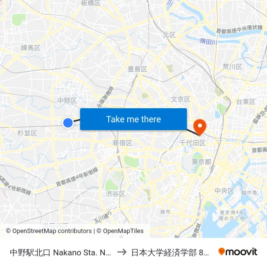 中野駅北口 Nakano Sta. North to 日本大学経済学部 8号館 map