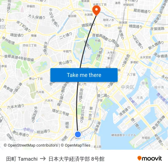 田町 Tamachi to 日本大学経済学部 8号館 map