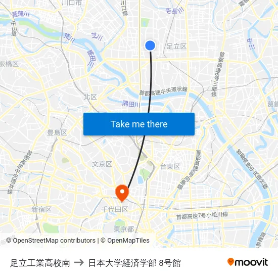 足立工業高校南 to 日本大学経済学部 8号館 map