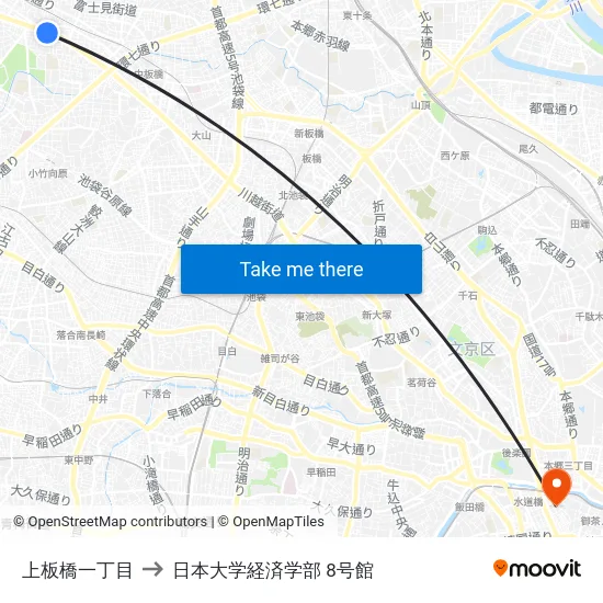 上板橋一丁目 to 日本大学経済学部 8号館 map