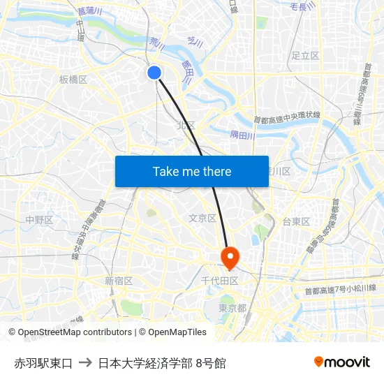 赤羽駅東口 to 日本大学経済学部 8号館 map