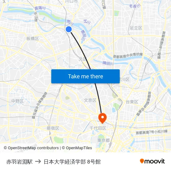 赤羽岩淵駅 to 日本大学経済学部 8号館 map