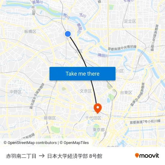 赤羽南二丁目 to 日本大学経済学部 8号館 map