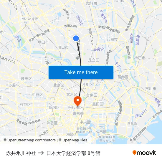 赤井氷川神社 to 日本大学経済学部 8号館 map
