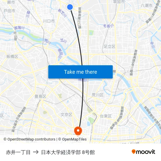 赤井一丁目 to 日本大学経済学部 8号館 map
