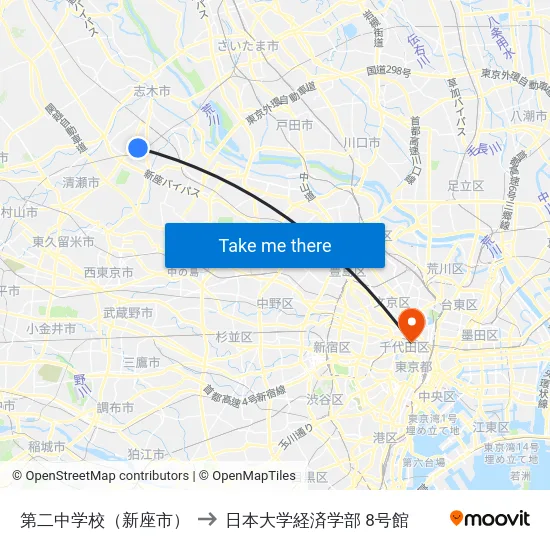 第二中学校（新座市） to 日本大学経済学部 8号館 map