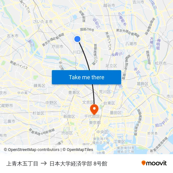 上青木五丁目 to 日本大学経済学部 8号館 map