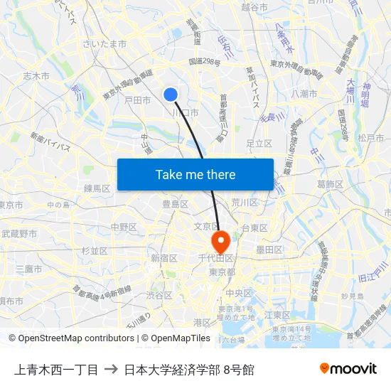 上青木西一丁目 to 日本大学経済学部 8号館 map