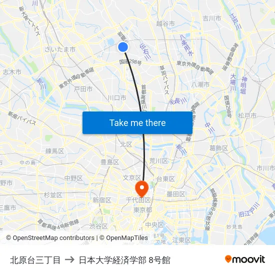 北原台三丁目 to 日本大学経済学部 8号館 map