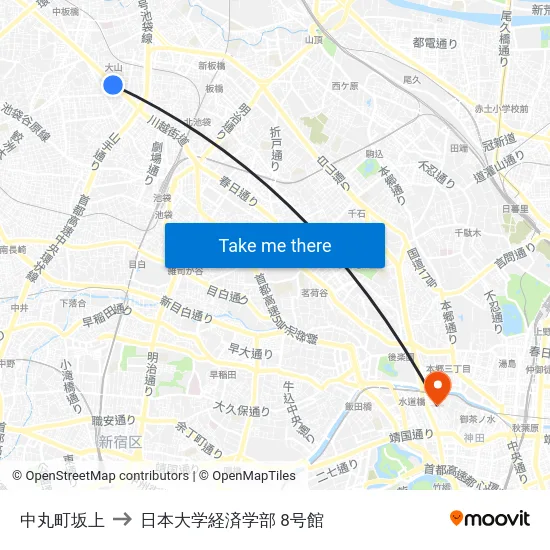中丸町坂上 to 日本大学経済学部 8号館 map