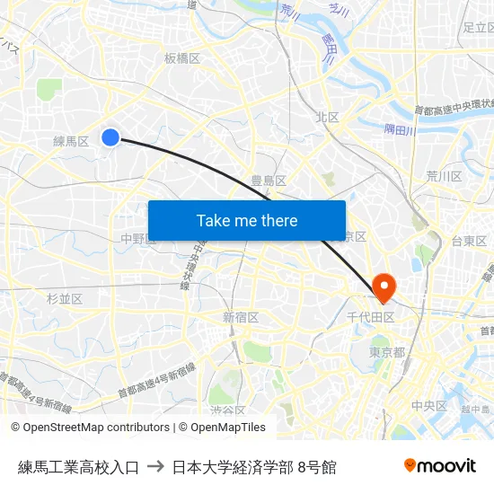 練馬工業高校入口 to 日本大学経済学部 8号館 map
