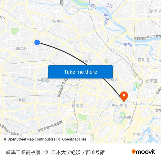 練馬工業高校裏 to 日本大学経済学部 8号館 map