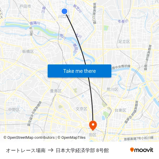 オートレース場南 to 日本大学経済学部 8号館 map