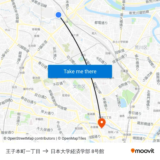 王子本町一丁目 to 日本大学経済学部 8号館 map