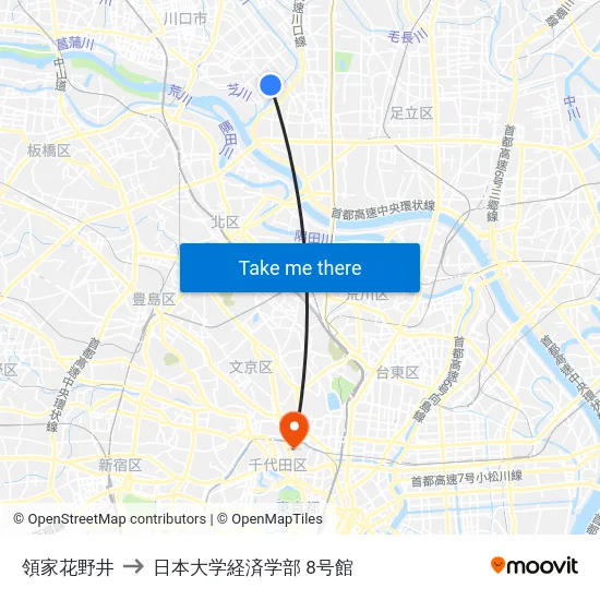 領家花野井 to 日本大学経済学部 8号館 map