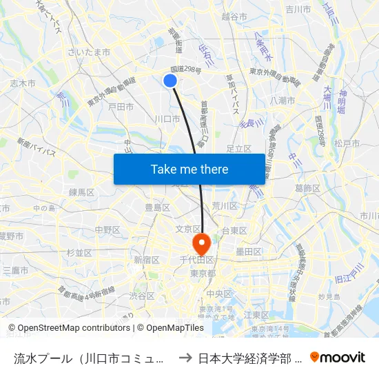 流水プール（川口市コミュニティ） to 日本大学経済学部 8号館 map