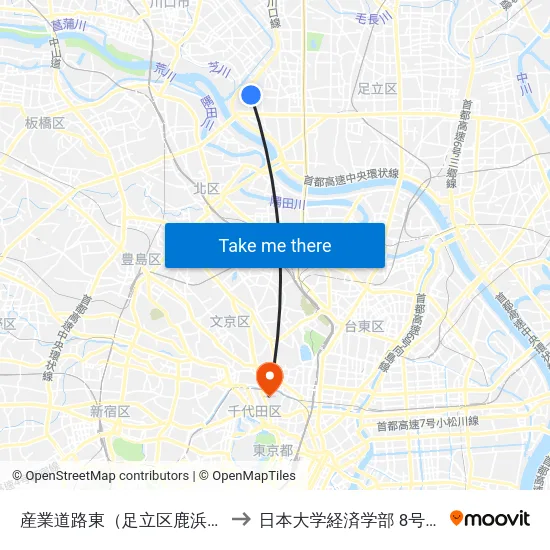 産業道路東（足立区鹿浜） to 日本大学経済学部 8号館 map