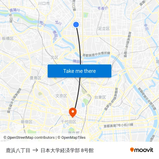 鹿浜八丁目 to 日本大学経済学部 8号館 map