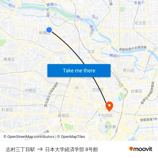 志村三丁目駅 to 日本大学経済学部 8号館 map
