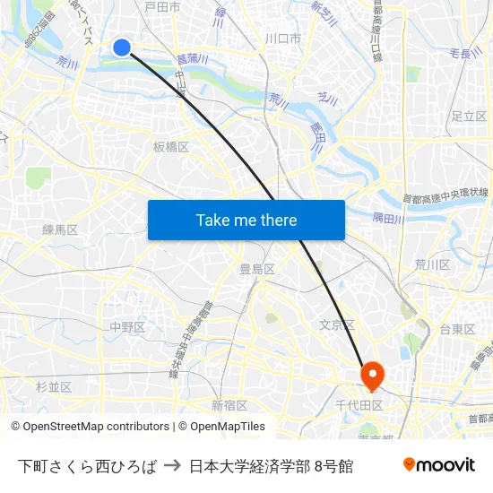下町さくら西ひろば to 日本大学経済学部 8号館 map