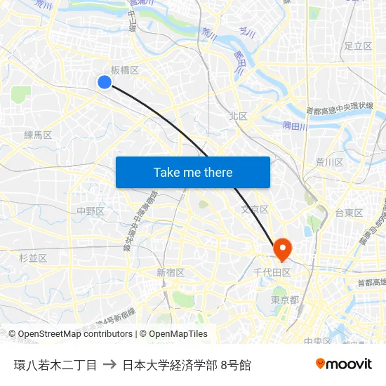 環八若木二丁目 to 日本大学経済学部 8号館 map