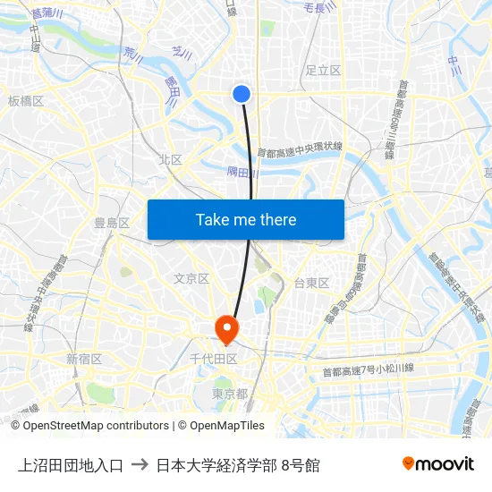 上沼田団地入口 to 日本大学経済学部 8号館 map