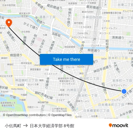 小伝馬町 to 日本大学経済学部 8号館 map