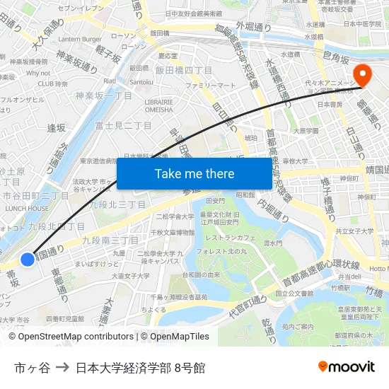 市ヶ谷 to 日本大学経済学部 8号館 map