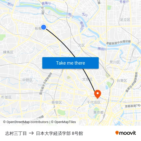 志村三丁目 to 日本大学経済学部 8号館 map
