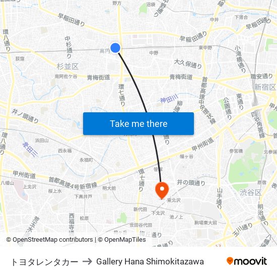 高円寺駅前 (Kouenji-Ekimae) to Gallery Hana Shimokitazawa map