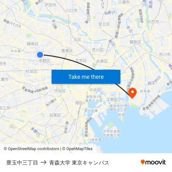 豊玉中三丁目 to 青森大学 東京キャンパス map
