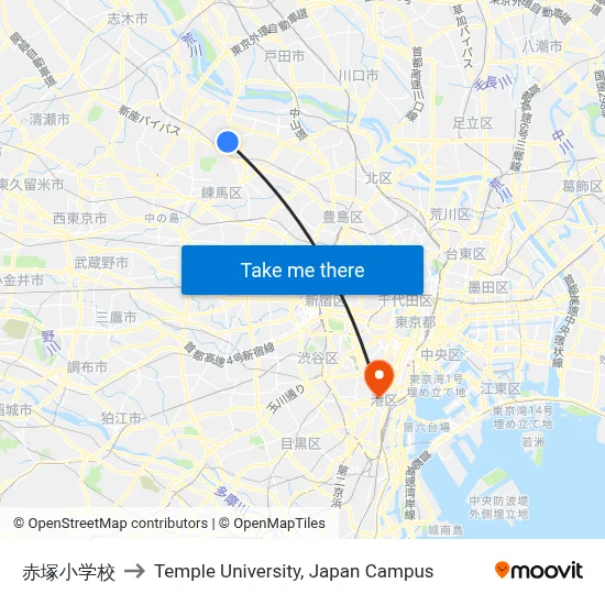 Akatsuka Elementary School to Temple University Japan Campus map