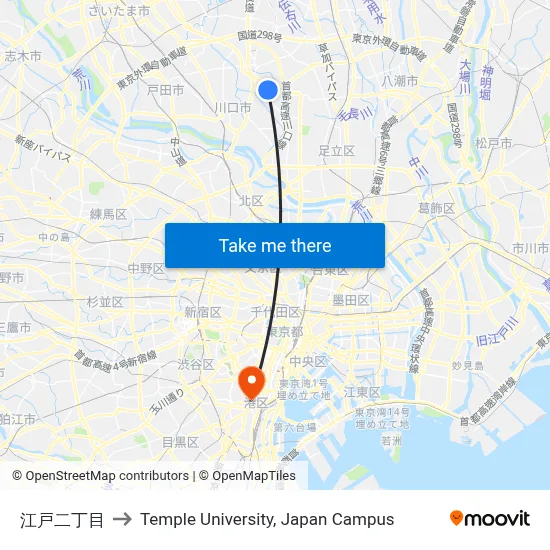 Edo 2-chome to Temple University Japan Campus map