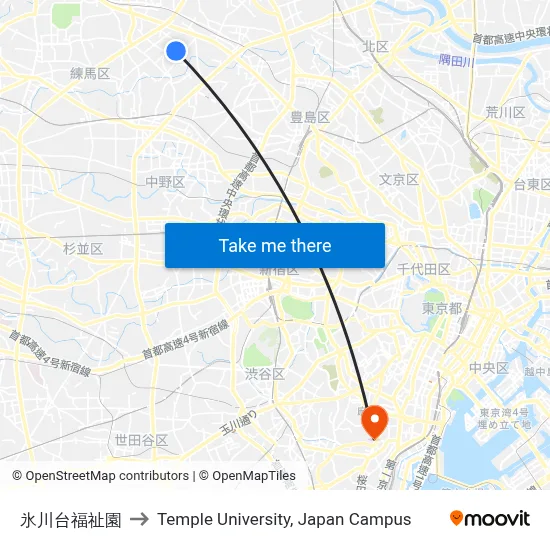Hikawadai Welfare Center to Temple University Japan Campus map