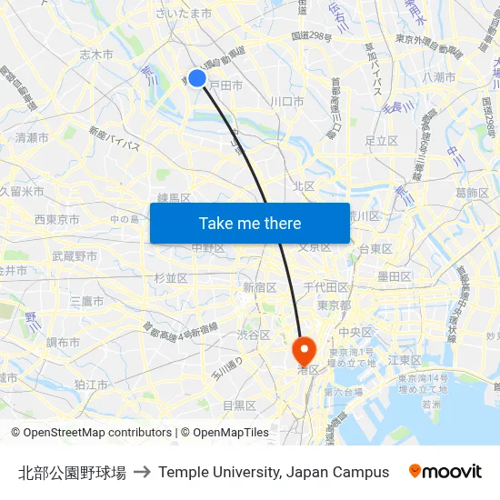 North Park Baseball Field to Temple University Japan Campus map
