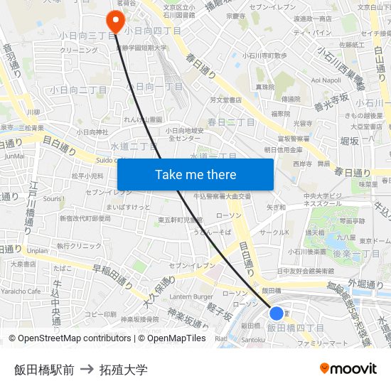 飯田橋駅前 to 拓殖大学 map