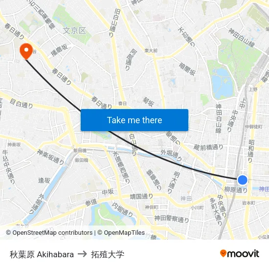 秋葉原 Akihabara to 拓殖大学 map